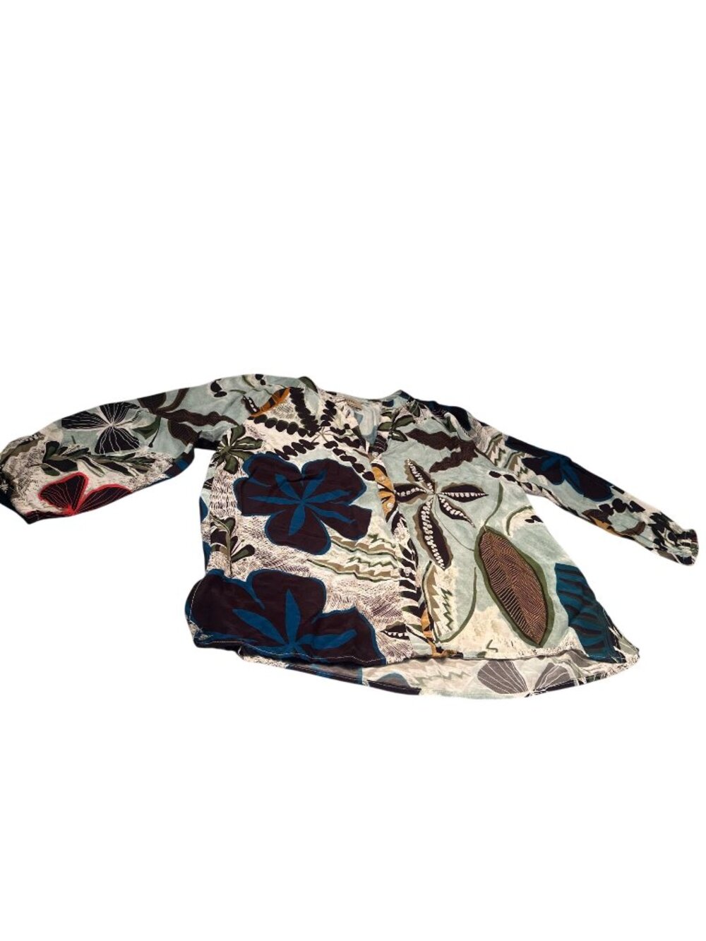 Elie Tahari Floral Bold Tropical Peasant Blouse Boho Womens Button Long Sleeve